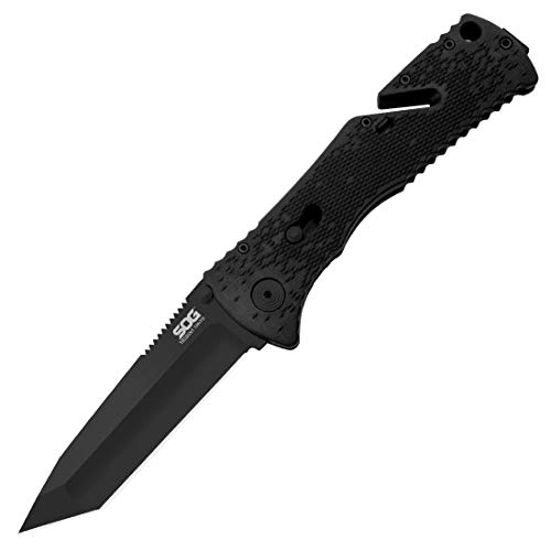 SOG Folding Knife Pocket Knife - Trident Tanto Tactical Opening Knife w/ 3.75 Inch Black TiNi Straight Edge Knife Blade & Military Knife Grip (TF7-CP) SOG Folding Knife Pocket Knife - Trident Tanto Tactical Opening Knife w/ 3.75 Inch Black TiNi Straight Edge Knife Blade & Military Knife Grip (TF7-CP)