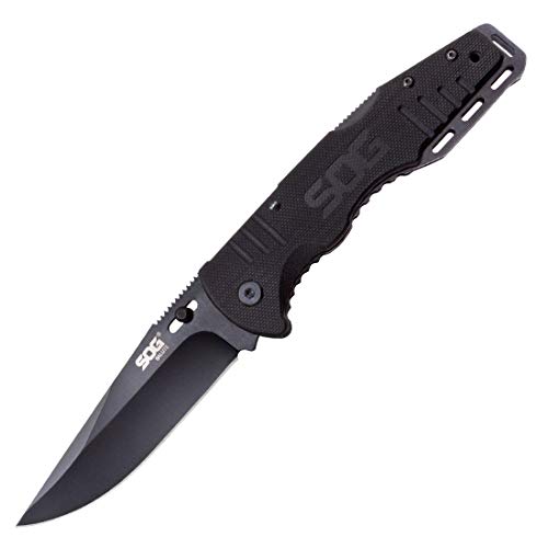 SOG Folding Pocket Knife - Salute Tactical Knife, EDC Knife, Tactical Folder Knife, Work Knife, 3.63 Inch Black Pocket Knife with Thumbstud (FF11-CP) SOG Folding Pocket Knife - Salute Tactical Knife, EDC Knife, Tactical Folder Knife, Work Knife, 3.63 Inch Black Pocket Knife with Thumbstud (FF11-CP)